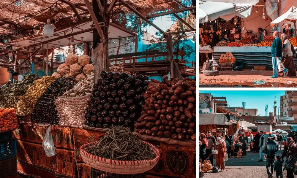 Obst, Früchte, Hühner und Dinge des täglichen Bedarfst am Basar im Zentrum von Hurghada