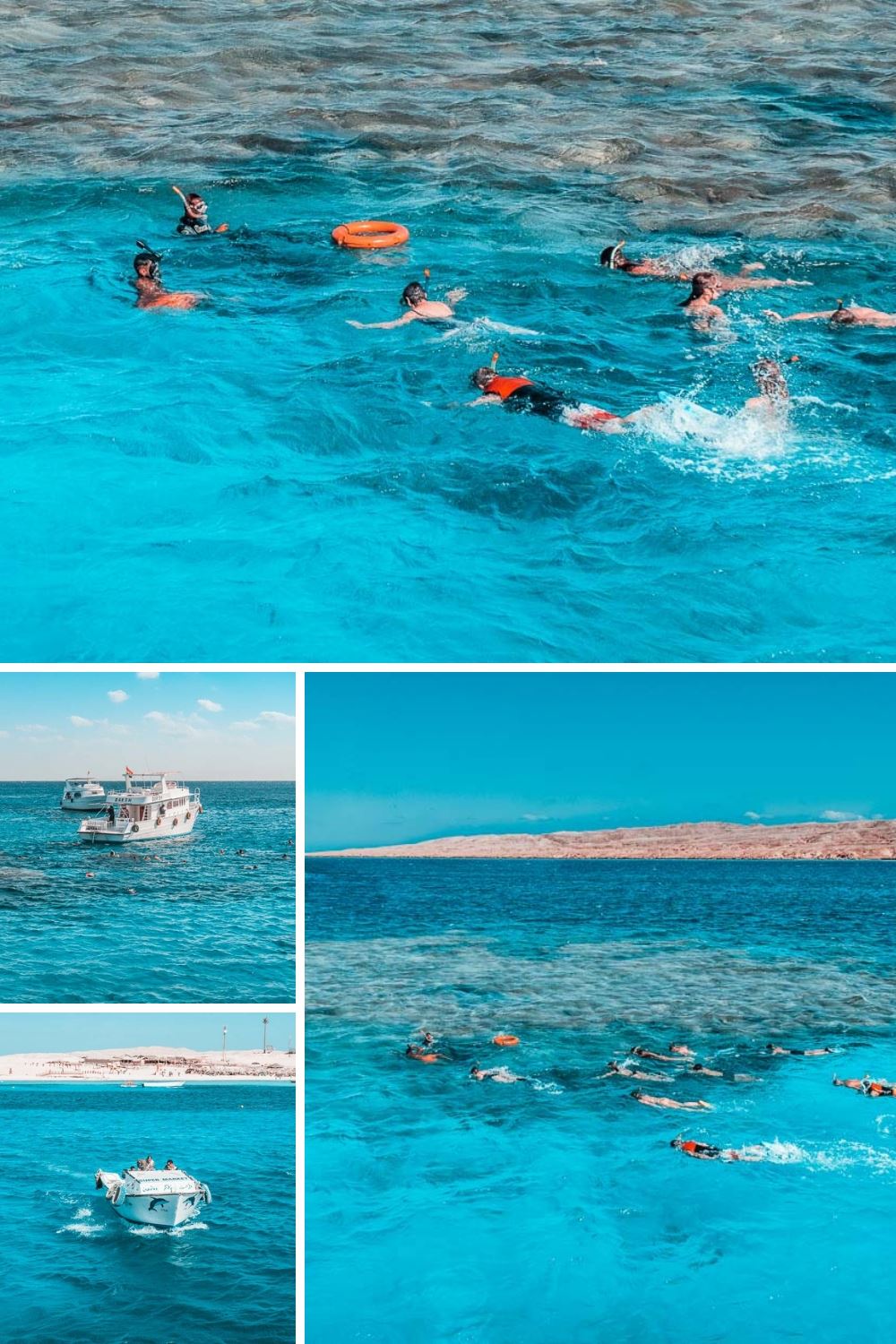 Taucher mit Schnorchel im Meer vor Giftun Island mit den Booten die sie hingebracht haben im Hintergrund