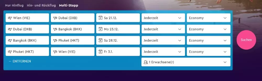 Screenshot Momondo: Multi-Stopp Funktion zur Suche nach Gabelflüge, Schwanzflügen und Zwischenstopps