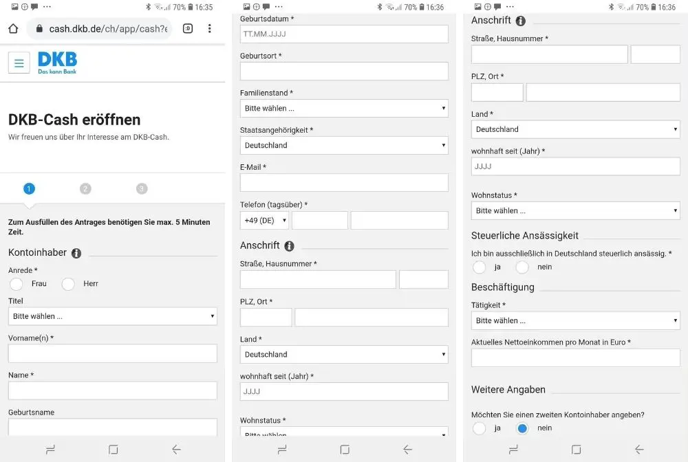 Screenshots der Eröffnung des DKB Kontos