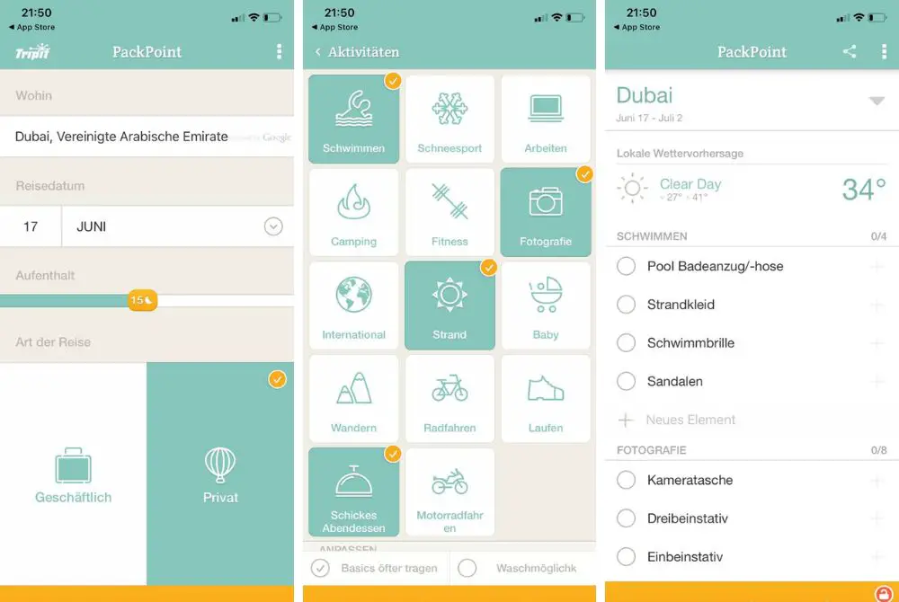 PackPoint Packliste App Screenshot PackPoint Packliste App Screenshot
