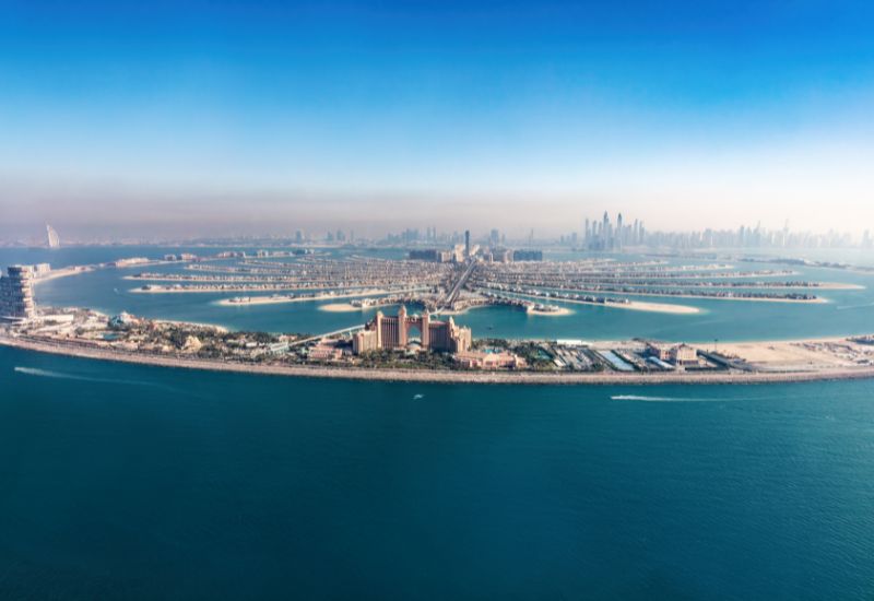 The Palm aus dem Helikoper in Dubai in den VAE