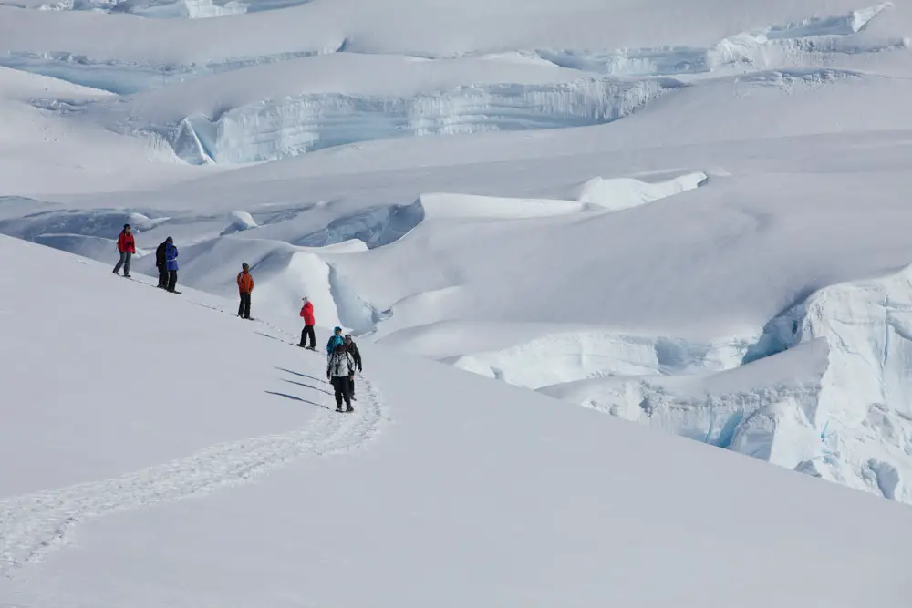 Schneeschuhwanderung in der Antarktis in einem großen Eisfeld mit einem unendlichen Horizont aus Eis Schneeschuhwanderung in der Antarktis in einem großen Eisfeld mit einem unendlichen Horizont aus Eis